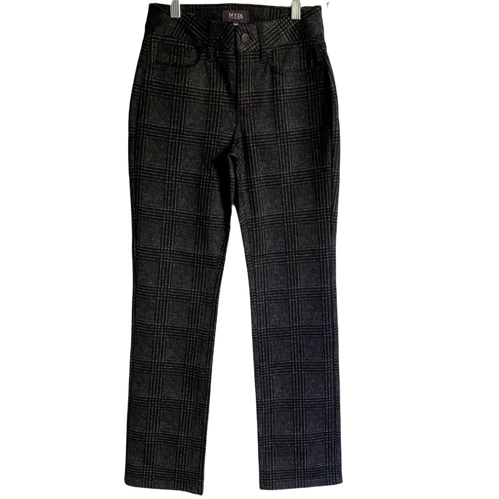 NYDJ Marilyn Straight Grey Blue Plaid Trouser Pants Lift Tuck Petite 00 NWOT